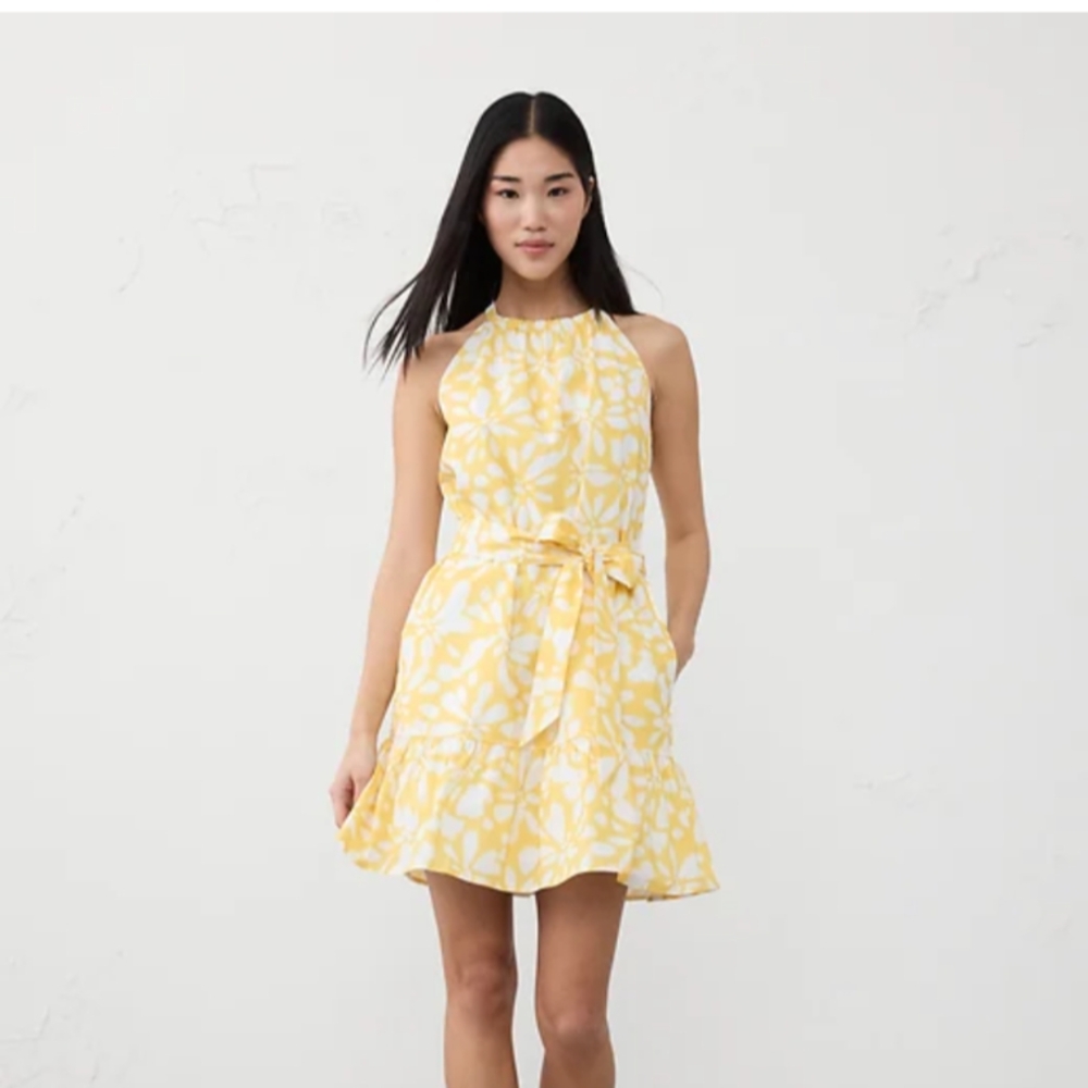 Poplin Tiered Yellow Floral Halter Dress